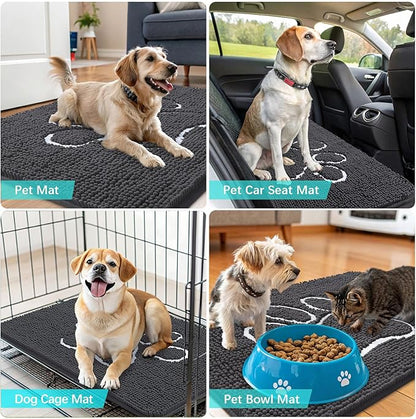 OLANLY Dog Door Mat for Muddy Paws 24x16, Paw Print Design, Absorbs Moisture and Dirt, Absorbent Non-Slip Washable Doormat, Quick Dry Chenille Mud Mat for Dogs, Entry Indoor Entryway Carpet, Dark Grey