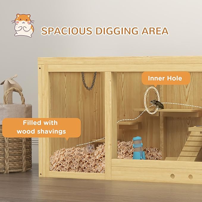 PawHut Wooden Hamster Cage, Extra Large Gerbil Cage, Multi-Layer Small Animal Cage for Dwarf Hamster, Activity Center with Pull-Out Tray, Seesaws, Water Bottle, Ladder, Openable Top
