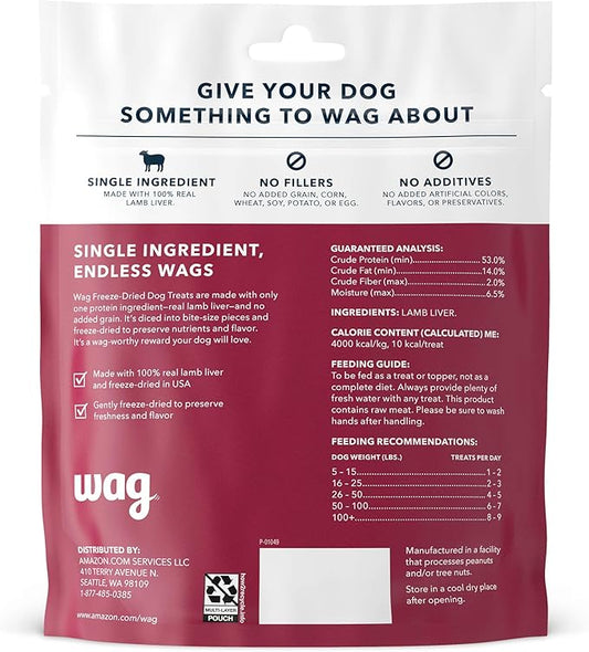 Amazon Brand - Wag Freeze-Dried Raw Single Ingredient Dog Treats, Lamb Liver, High Protein, Healthy Training Treats or Meal Topper for all Dogs, Grain-Free, 3.3oz