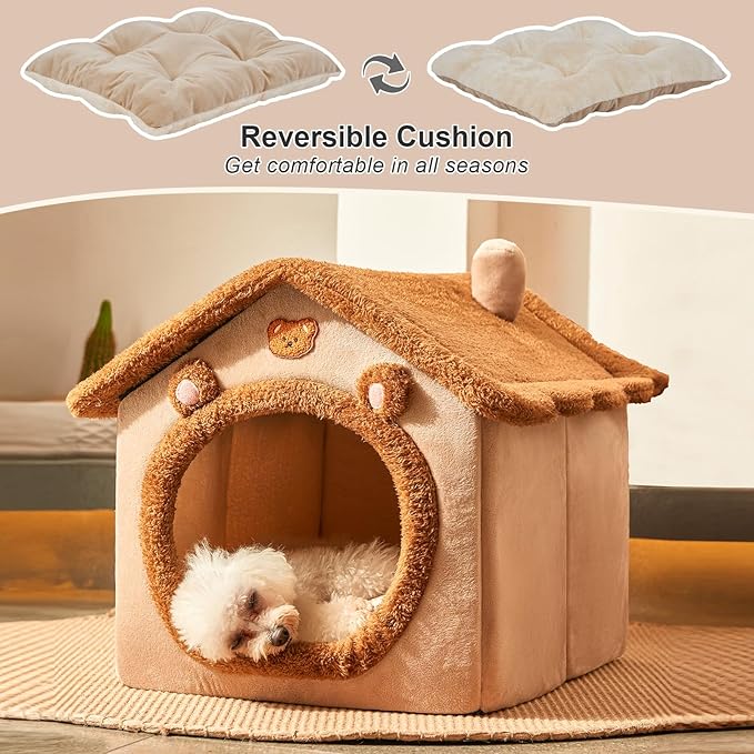 JIUPETY Dog House Dog Bed with Cover Cave with Non-Slip Bottom, M Size Tent Bed Up to 15 Lbs Cat and Puppy, Brown