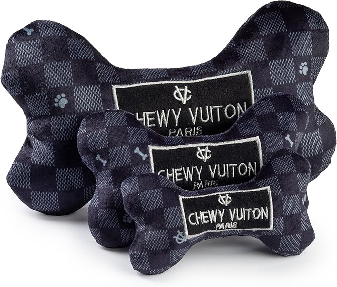 Haute Diggity Dog Black Checker Chewy Vuiton Bone, Plush Designer Dog Toys with Interactive Squeaker, Stimulating Pet Enrichment, Machine-Washable & Safe Materials for All Breeds, Size Large
