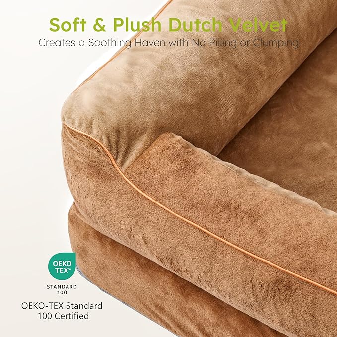 XXL Dog Bed for Extra Large Dogs, Giant Orthopedic Dog Bed with Cooling Gel Memory Foam, Waterproof Pet Bed with Removable Washable Cover, 53" Pet Sofa Bed Dutch Velvet with Bone Toy, Brown