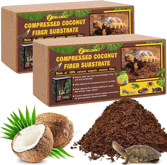 ZeeDix 2 Pack Coconut Fiber Substrate, 100% Organic Coconut Husk Coco Coir Brick Terrarium Bedding for Reptiles, Tortoise, Bearded Dragon, Leopard Gecko, Snake, Hermit Crabs, Frogs, Tarantula