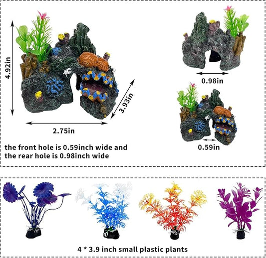 PINVNBY Aquarium Coral Reef Decor Resin Fish Tank Decorations Rock Mountain Cave Ornaments for Goldfish Betta Fish Sleep Rest Hide Play Breed with 4 PCS Aquatic Plants (Small Size)