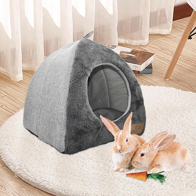kathson Rabbit Bed Warm Hideout Bunny Cave Beds House Cozy Guinea Pig Hideouts with Foldable Winter Sleeping Nest for Small Animals Cats Hamsters Chinchillas Ferrets (Dark Grey)