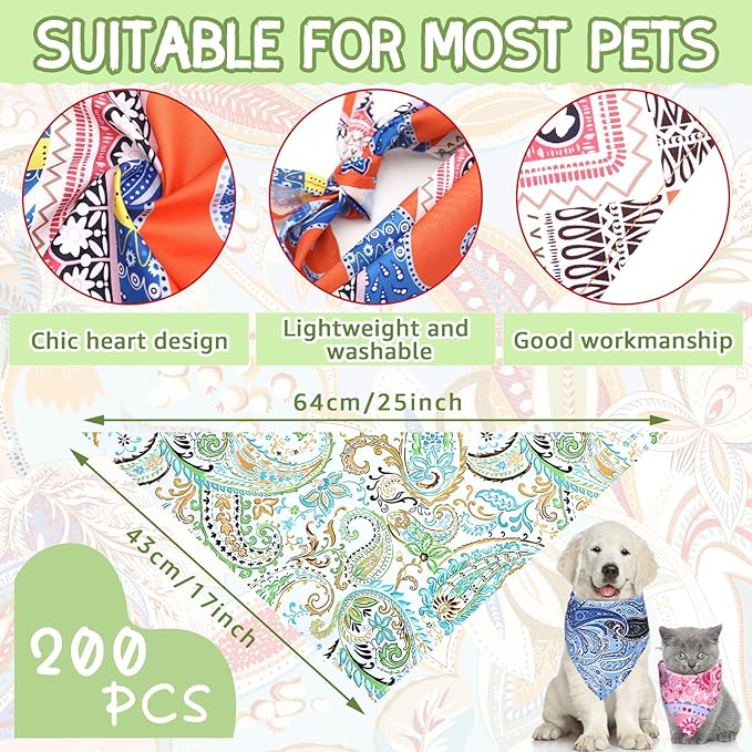 100 Pcs Paisley Dog Bandanas Bulk Pet Bibs Colorful Triangle Scarf Pet Paisley Bandanas for Medium Large Dogs Spring Summer Birthday Costume Decoration