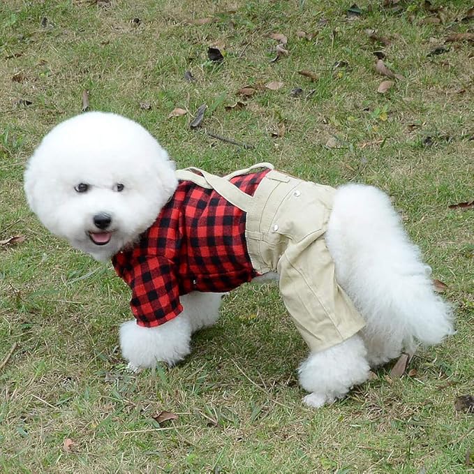 SMALLLEE_LUCKY_STORE Pet Clothes for Small Dog Cat Red Plaid Shirts Sweater with Khaki Overalls Pants Jumpsuit Outfits M