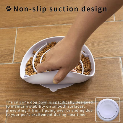 Slow Feeder Dog Bowls, Dishwasher Microwave Safe Silicone Puppy Puzzle Bowl with Non-Slip Design for Eating (White and Purple)