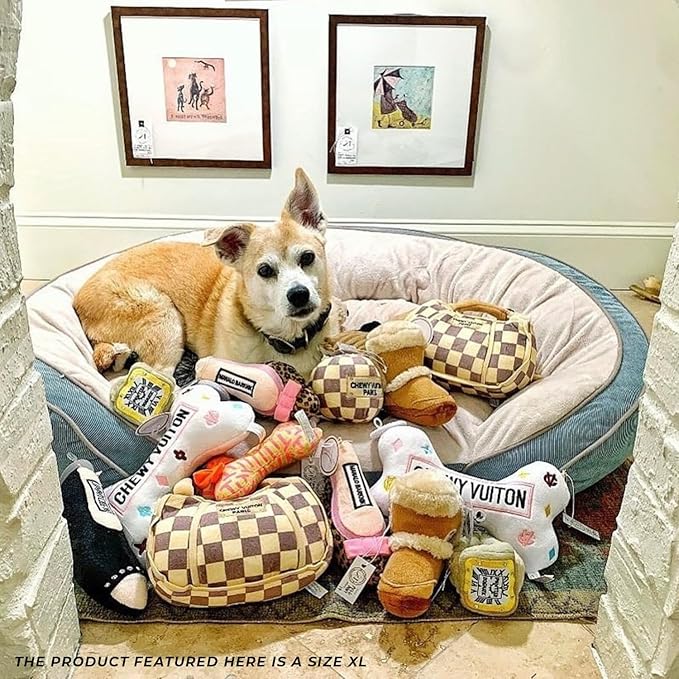 Haute Diggity Dog Checker Chewy Vuiton Handbag, Plush Designer Dog Toys with Interactive Squeaker, Stimulating Pet Enrichment, Machine-Washable & Safe Materials for All Breeds, Size XL