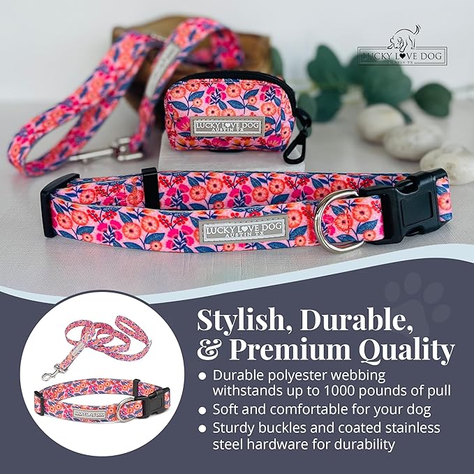 Lucky Love Dog - Easy Click Buckle Dog Collar with Leash Set Combo, Durable & Comfortable for Male & Female Dogs, Pet Collar for Small to Large Dogs, Secure Fit - Floral Rosie Combo, Small