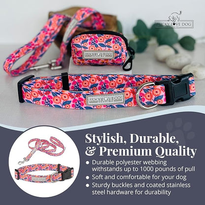 Lucky Love Dog - Easy Click Buckle Dog Collar with Leash Set Combo, Durable & Comfortable for Male & Female Dogs, Pet Collar for Small to Large Dogs, Secure Fit - Floral Rosie Combo, Small