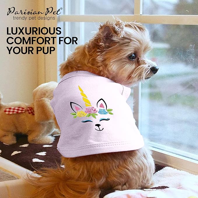 Parisian Pet Dog Tshirt - Embroidered Unicorn Dog Shirt - 100% Cotton, Lightweight Puppy Clothes Female - Sleeveless Pink Dogs Tee Shirts - Shirts for Small Dogs Girl - XS