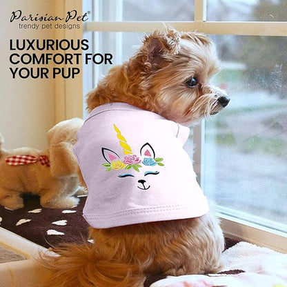 Parisian Pet Dog Tshirt - Embroidered Unicorn Dog Shirt - 100% Cotton, Lightweight Puppy Clothes Female - Sleeveless Pink Dogs Tee Shirts - Shirts for Small Dogs Girl - XS