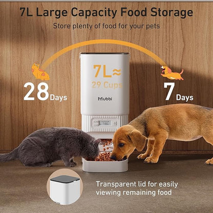 Automatic Cat Feeders, 7L/29 Cups Automatic Dog Feeder with Desiccant Bag, 1-6 Meals Ideal for 2-15mm Dry Food, Suitble for Multiple Pets, Dual Power Supply, Detachable Washable, White