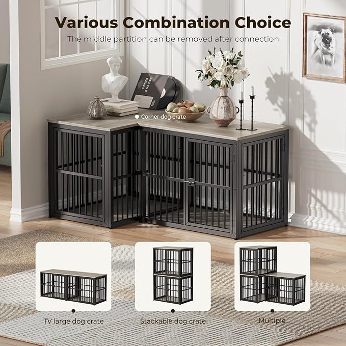 Lyromix 33'' Dog Crate Furniture with 3 Doors,Wooden Crate End Table Heavy Duty Indoor Puppy Cage for Small to Medium Dogs, Multiple Units Can be Combined, Grey