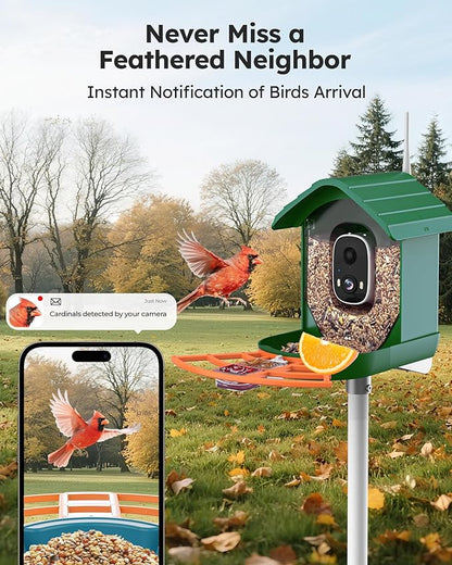 Smart Bird Feeder with Camera Solar Powered for Outdoors 2K FHD AI Recognition Hanging Bird Feeder Camera for Outside Backyard Garden, Gifts for Birdlover Mom Dad Kid (Dark Green and Orange)