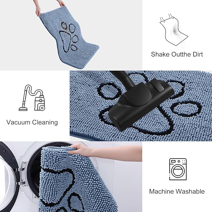 Smiry Dog Door Mat for Muddy Paws, Absorbent Dirt Trapper Non Slip Quick Dry Washable Chenille Mat for Mud Dogs, Entry Rug for Indoor and Outdoor (36x24 Inches, Airy Blue and Black)