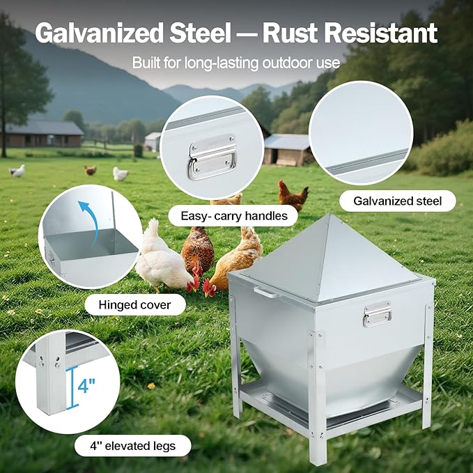 Automatic Chicken Feeder 80LBS, Galvanized Metal Gravity Feeder with 4-Sided Troughs, Waterproof Locking Lid, No Waste Poultry Feeder for Backyard Coops, Free-Range & Small Farms