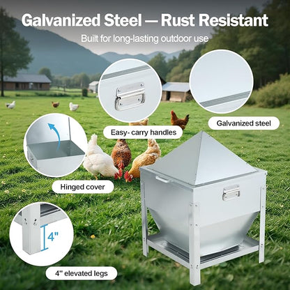 Automatic Chicken Feeder 80LBS, Galvanized Metal Gravity Feeder with 4-Sided Troughs, Waterproof Locking Lid, No Waste Poultry Feeder for Backyard Coops, Free-Range & Small Farms