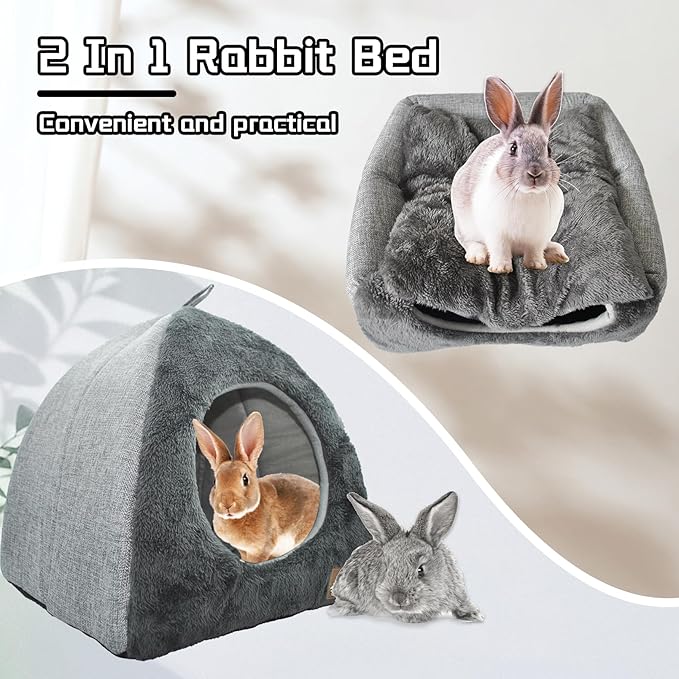 kathson Rabbit Bed Warm Hideout Bunny Cave Beds House Cozy Guinea Pig Hideouts with Foldable Winter Sleeping Nest for Small Animals Cats Hamsters Chinchillas Ferrets (Dark Grey)