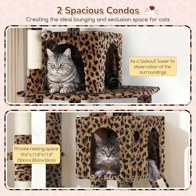 Globlazer Heavy Duty Cat Tree Tower, 70inch Sturdy Cat Tree for Indoor Cats Sturdy Large Cat Tower with Scratching Post and Board, Hammock, 2 Cat Condo for Adult Cats Kittens, F70 Pro, Leopard Print