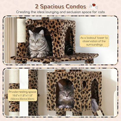 Globlazer Heavy Duty Cat Tree Tower, 70inch Sturdy Cat Tree for Indoor Cats Sturdy Large Cat Tower with Scratching Post and Board, Hammock, 2 Cat Condo for Adult Cats Kittens, F70 Pro, Leopard Print