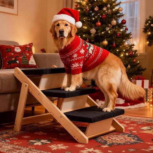MEWANG Wood Pet Stairs & Ramp for Small/Medium Dogs and Cats, Aging Pets – 3-in-1 Foldable, Portable, Non-Slip Pet Ladder for Tall Beds, Couches,Cars–Holds Up to 220 lbs (24.8" L x 17.2" W x 19.5" H)