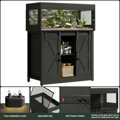 Herture 40 Gallon Reptile Terrarium with Stand, Reptile Tank with Barn Door and Storage, Vivarium with Acrylic Doors, Ventilated Mesh Top & Power Outlet, for Geckos, Lizards, Snakes Black PX06RTB