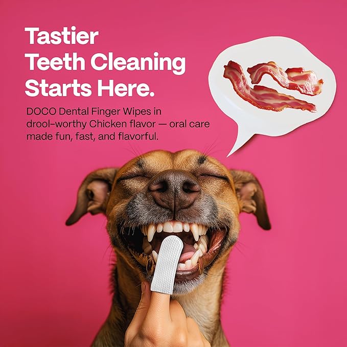DOCO Dog Teeth Cleaning Wipes Dental Finger Wipes for Cats & Dogs Remove Plaque & Tartar, Freshen Breath, No Rinse, Easy & Effective Pet Tooth Cleaning Kit for Oral Care (Bacon Flavor, 50 Count)