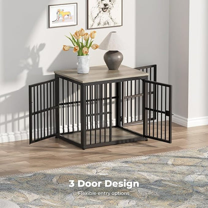 Lyromix 27'' Dog Crate Furniture with 3 Doors,Wooden Crate End Table Heavy Duty Indoor Puppy Cage for Small Dogs, Multiple Units Can be Combined, Grey