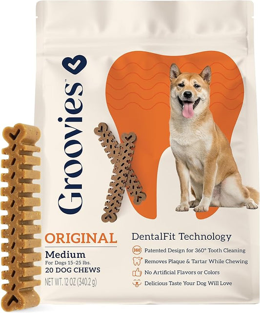 Groovies Flexible, Yet Moderately Tough Daily Dog Dental Chews. Powered by USA-Patented DentalFit Technology. No Added Gluten, No Artificial Flavors or Colors. Original 12oz Medium (20Chews)