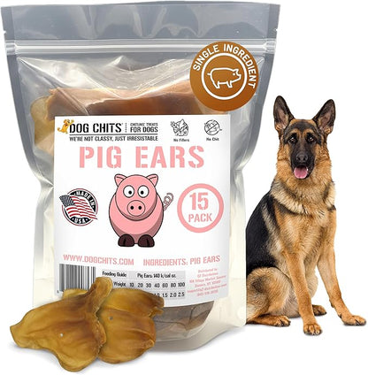 Dog Chits Pig Ears for Dogs – 100% Natural Baked Pig Ear Dog Treats & Training Chews – High Protein, Lower Fat, Grain-Free – Great for Puppies, Dental Support – Medium Size, 15 Pack – Made in USA