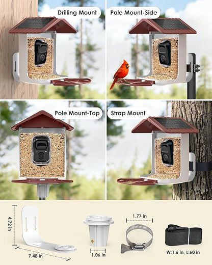 BIRDSFAVE-Bird Feeder with Camera Solar Powered, 2K Clear Live/Video/Photo Auto Arrival Alerts AI Identify Smart Cameras Birds Feeders with 32GB Card DIY Add-ons, 2.4G WiFi Wireless Birdwatching Gift