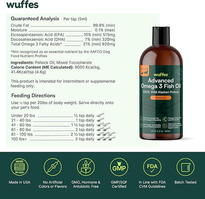 Wuffes Advanced Omega 3 Fish Oil for Dogs, Natural EPA & DHA Fatty Acids, Supports Healthy Skin and Coat, Joint Nutrition, Digestion & Immune System - 100% Pure Wild Alaskan Fish Oil - 8 Oz