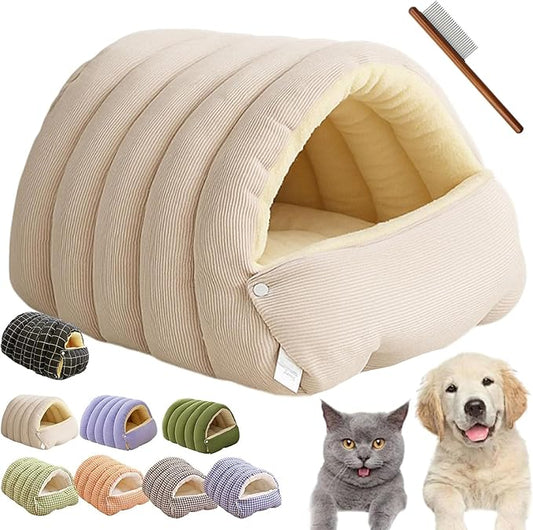 Winter Cave,Warmth Cozy Comfort Plush Pet Cave,Cute Cozy Safe Hideaway Cat Bed with Removable Cushion,Warm Soft Removable Washable for Cats and Dogs (Beige, L:22.44 * 14.56 * 11.02 in)