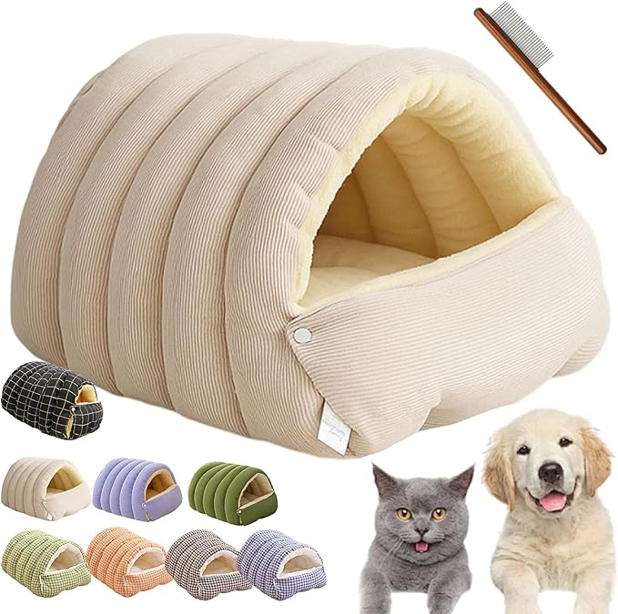 Winter Cave,Warmth Cozy Comfort Plush Pet Cave,Cute Cozy Safe Hideaway Cat Bed with Removable Cushion,Warm Soft Removable Washable for Cats and Dogs (Beige, M：17.71 * 11.81 * 7.48 in)