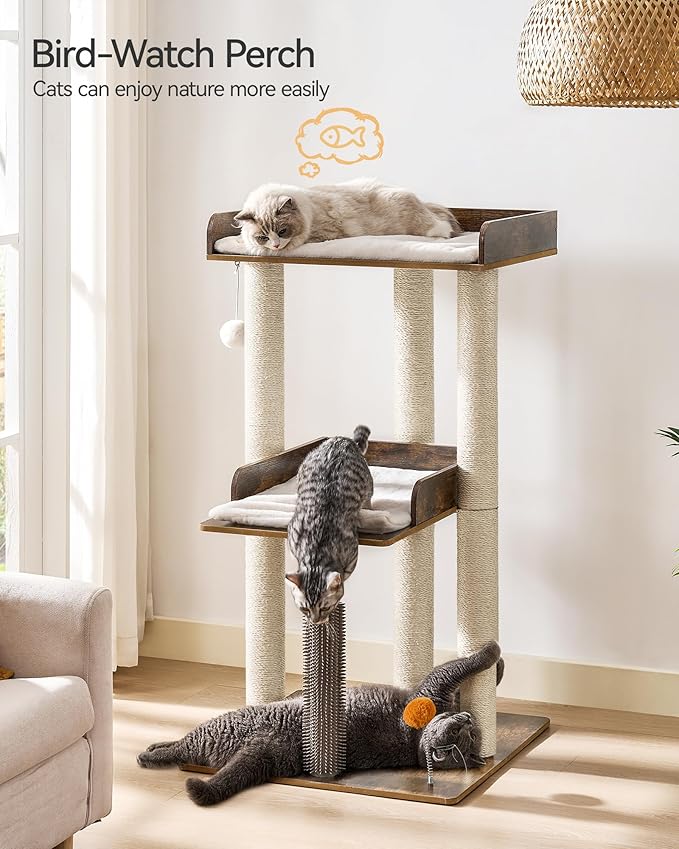 FourFurPets 43.7" Cat Tree, Modern Cat Tree Tower, Cat Tower for Indoor Cats Large Adult, Cat Condo with Scratching Post, Large Perch and Removable Pads,Rustic Brown