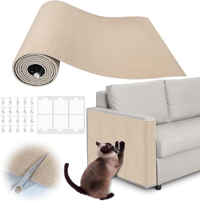 Cat Scratch Furniture Protector - 118" x 13.8" Trimmable Self-Adhesive Cats Claws Scratch Pads, DIY Cat Climbing Couch Protector for Scratch Post Cat Tree Replacement Indoor (Khaki)