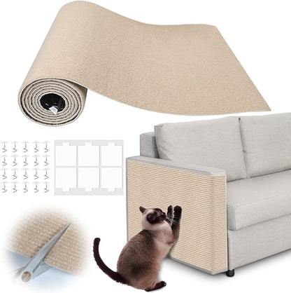 Cat Scratch Furniture Protector - 118" x 13.8" Trimmable Self-Adhesive Cats Claws Scratch Pads, DIY Cat Climbing Couch Protector for Scratch Post Cat Tree Replacement Indoor (Khaki)