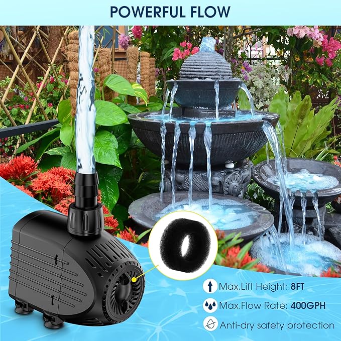 NFESOLAR Submersible Pump, 400GPH Ultra Quiet Submersible Water Pump with Dry Burning Protection 8ft High Lift for Fountains, Hydroponics, Ponds, Aquariums & More KF205