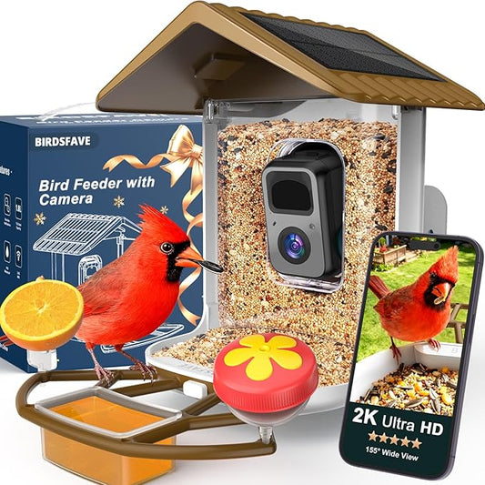 BIRDSFAVE-Bird Feeder with Camera Solar Powered, 2K Clear Live/Video/Photo Auto Arrival Alerts AI Identify Smart Cameras Birds Feeders with 32GB Card DIY Add-ons, 2.4G WiFi Wireless Birdwatching Gift
