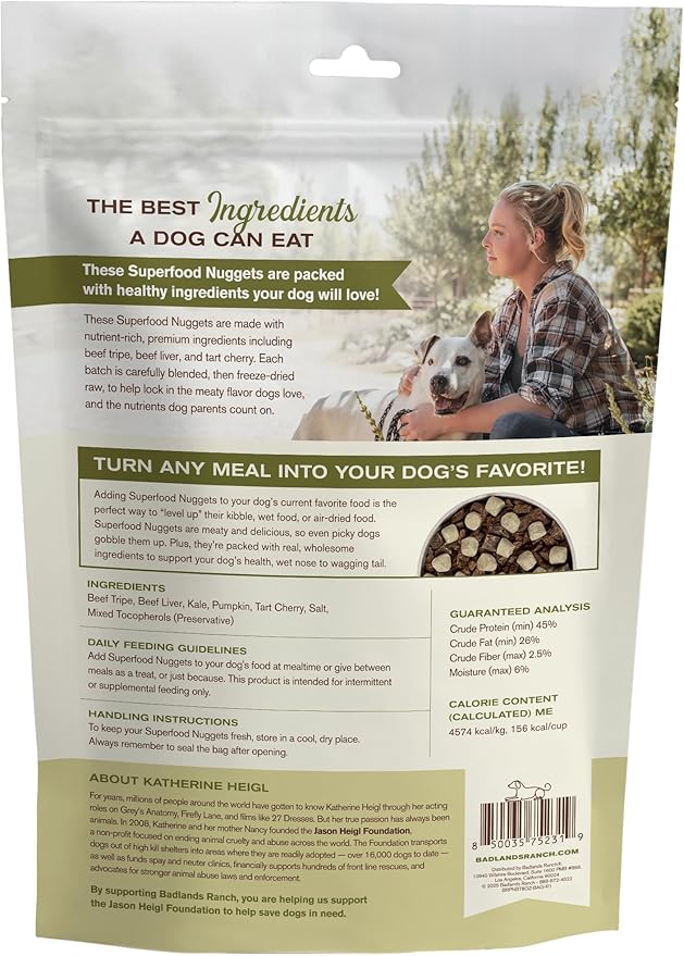 BADLANDS RANCH Superfood Nuggets – Freeze-Dried Raw Dog Treat & Food Topper, Nutrient-Dense Beef Tripe & Kale Formula, High Protein, No Artificial Additives, 8oz Bag