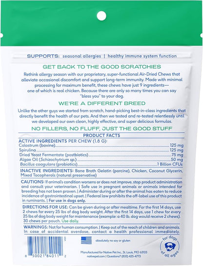 Native Pet Dog Allergy Chews - Dog Allergy Relief with Probiotics and Colostrum for Itchy Skin Relief to Support Seasonal Allergy and Healthy Immune System - All Natural Anti-Histamine - 60 Chews