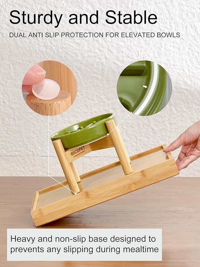 Ceramic Maze Dog Slow Feeder with Non-Slip Silicone Rim (& Bamboo Stand) – Heavy-Duty Stoneware Bowl with Puzzle Pattern for Bloating & Obesity Prevention (Raised-Apricot-M)