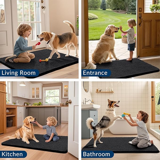 Smiry Dog Door Mat for Muddy Paws 40x32, Absorbs Moisture and Dirt Doormat, Non-Slip Washable Quick Dry Chenille Front Door Mat Indoor Entrance, Entryway Carpet for Inside Floor, Black