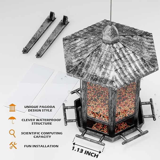 Birdream 2 Pack Bird Feeders for Outdoor, Retro Pagoda Design Fun Installation Bird Feeder, Attracting Wild Birds Chickadees Goldfinches Cardinals Finches and Sparrows - Retro Silver