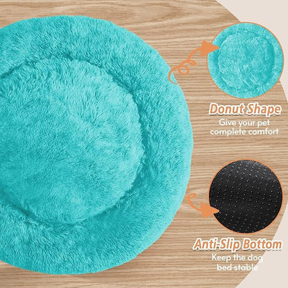 JOLLYVOGUE Small Dog & Cat Beds for Indoor Cats, Donut Cuddler Warming Soft Dog Beds with Anti-Slip Bottom, Round Calming Fluffy Plush Faux Fur Cushion Bed for Medium Dogs (27", Aqua Blue)