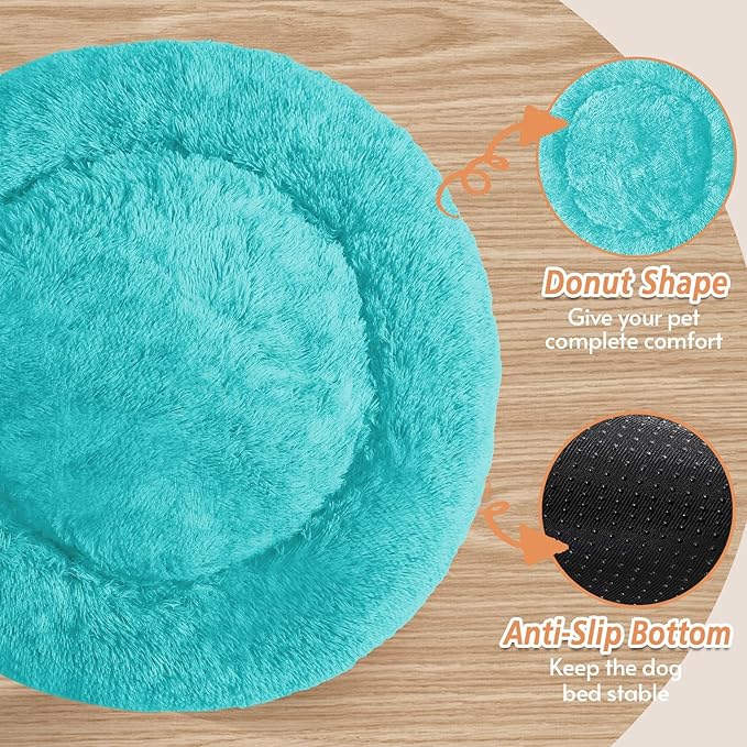 JOLLYVOGUE Small Dog & Cat Beds for Indoor Cats, Donut Cuddler Warming Soft Dog Beds with Anti-Slip Bottom, Round Calming Fluffy Plush Faux Fur Cushion Bed for Large Dogs (36", Aqua Blue)