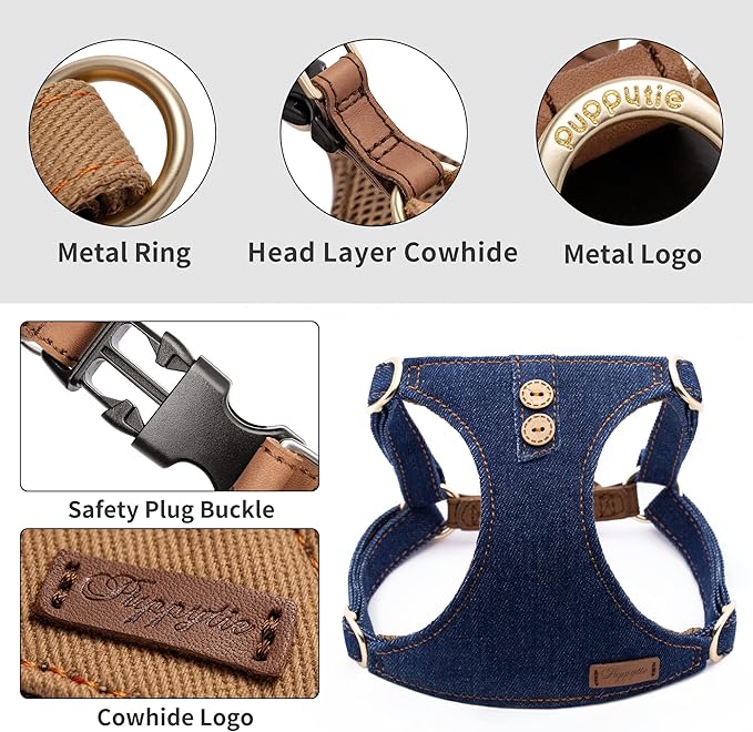 Dog Harness, No Pull Dogs Harness and Multi-Function Leash Set for Medium Dogs Easy Walk Everyday Adjustable Soft Dog Vest Harness Fashionable Dog Accessories Blue-Button-Slim Large