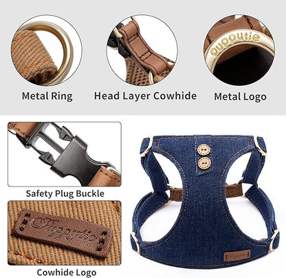 Dog Harness, No Pull Dogs Harness and Multi-Function Leash Set for Medium Dogs Easy Walk Everyday Adjustable Soft Dog Vest Harness Fashionable Dog Accessories Blue-Button-Slim Large
